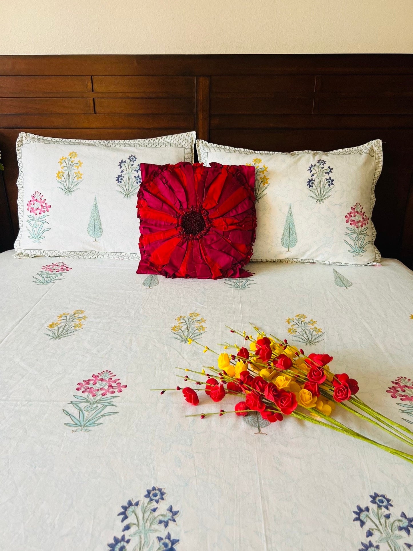 Handmade Floral Block Print Cotton Flat Bedsheet with 2 Reversible Pillow