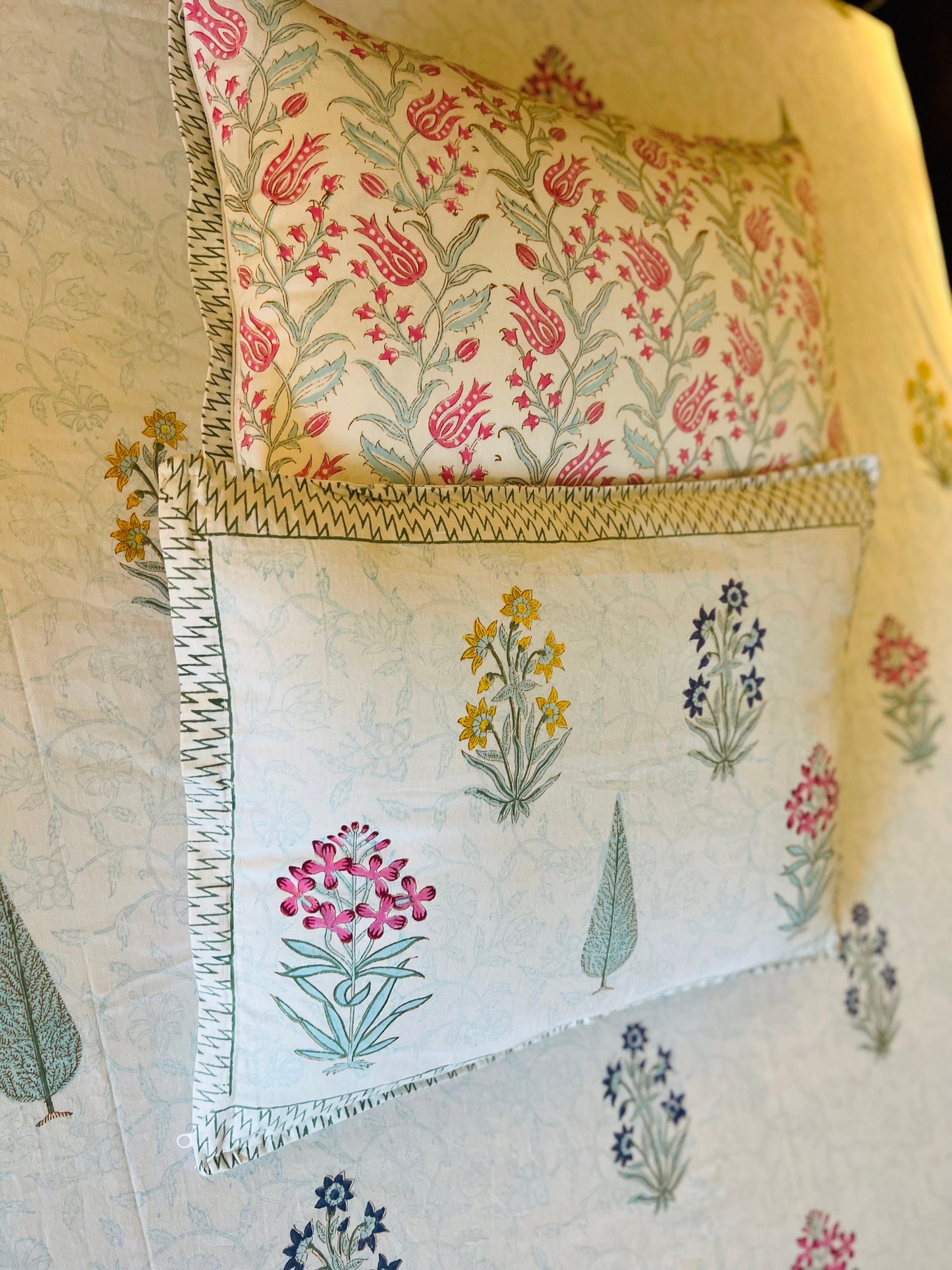 Handmade Floral Block Print Cotton Flat Bedsheet with 2 Reversible Pillow