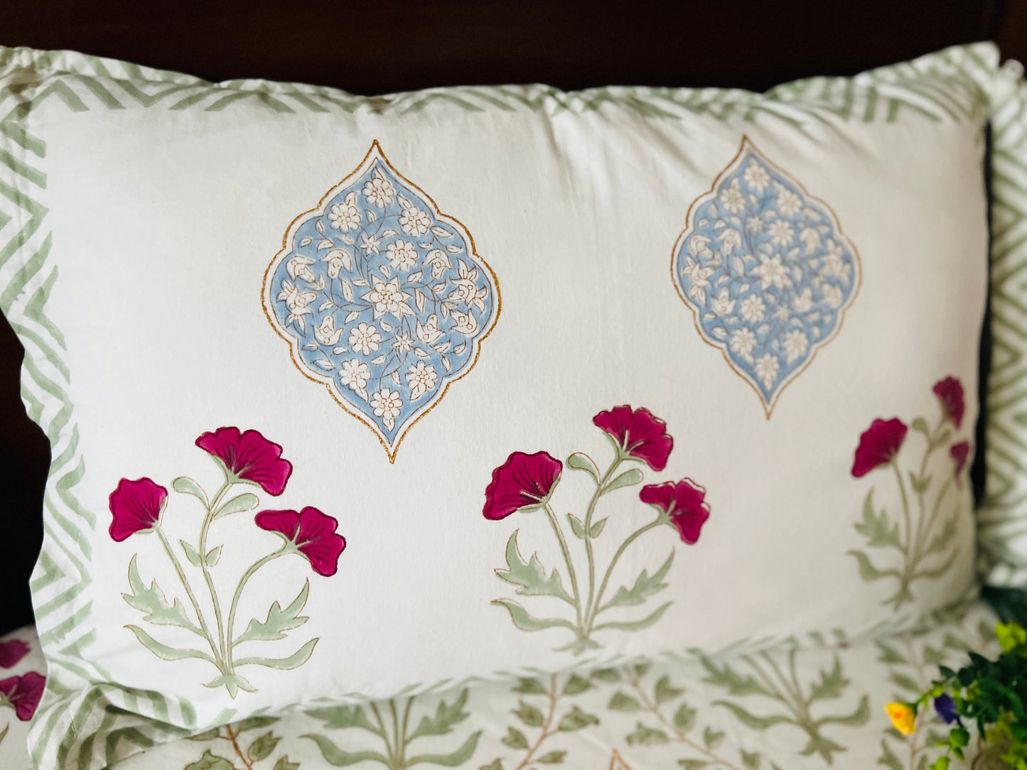 Pink Floral Block Print Cotton Bed Sheet Set