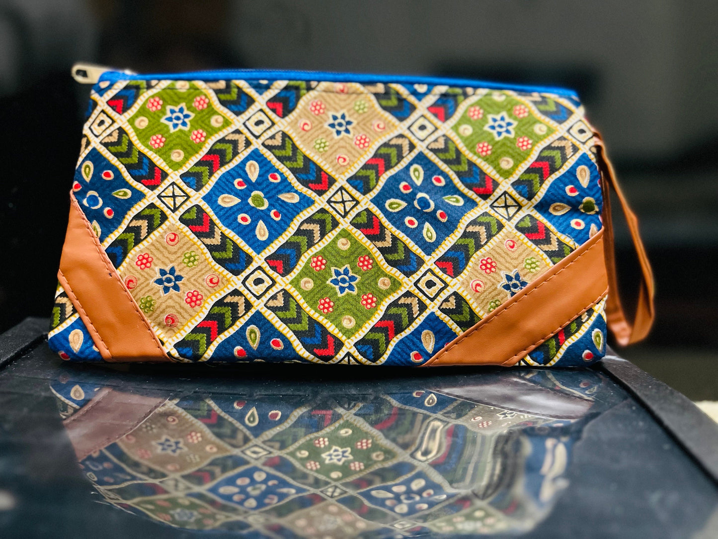 Handmade Cotton Wallet with Ikkat Design – Boho Zipper Pouch, 9.5x4.5 inches, Perfect for Gifts & Everyday Use