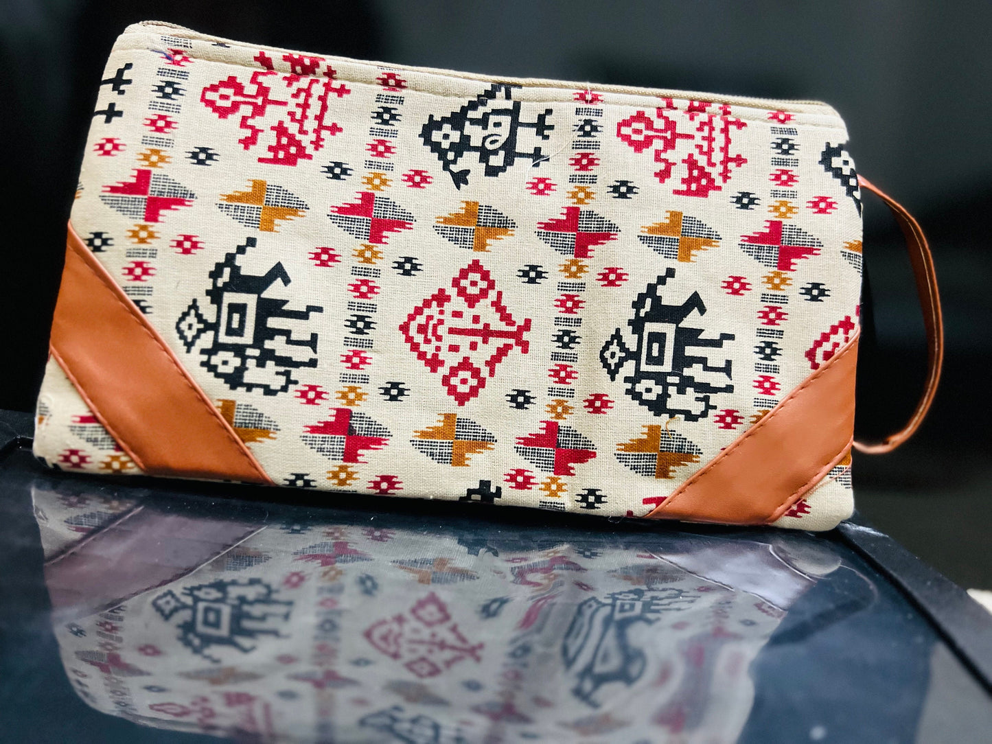 Handmade Cotton Wallet with Ikkat Design – Boho Zipper Pouch, 9.5x4.5 inches, Perfect for Gifts & Everyday Use