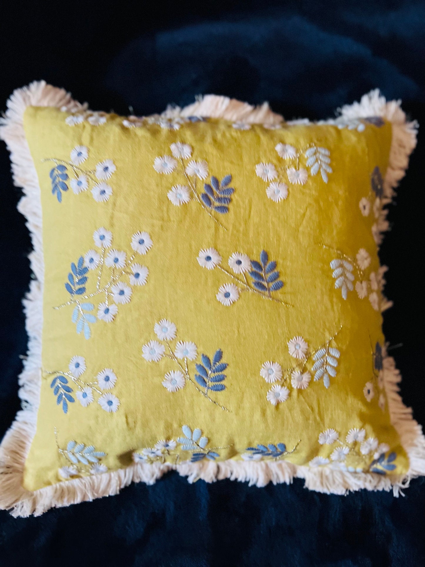 Handcrafted Cotton Decorative Throw Pillow with Blue & White Floral Embroidery and Fringe Trim