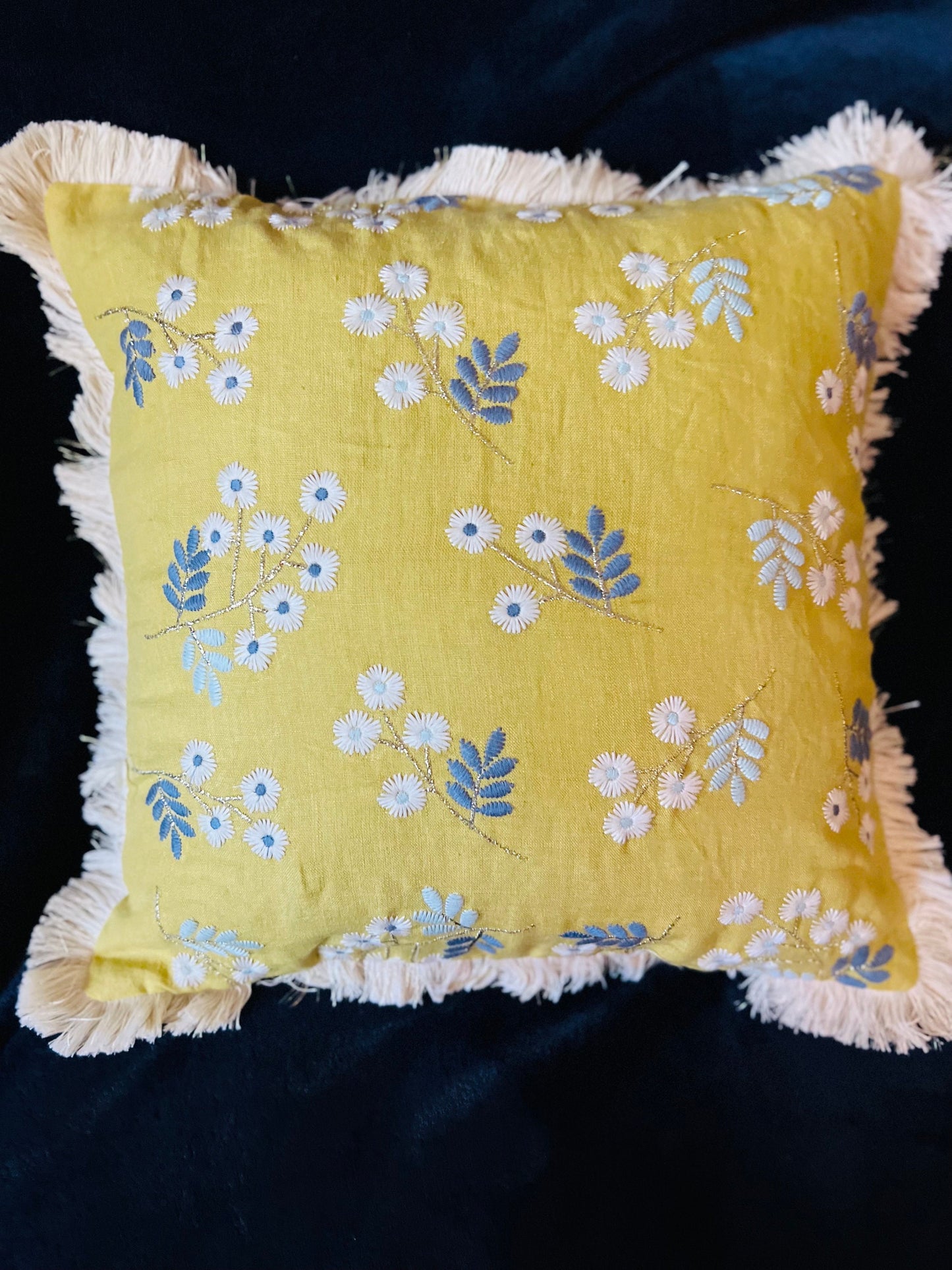 Handcrafted Cotton Decorative Throw Pillow with Blue & White Floral Embroidery and Fringe Trim