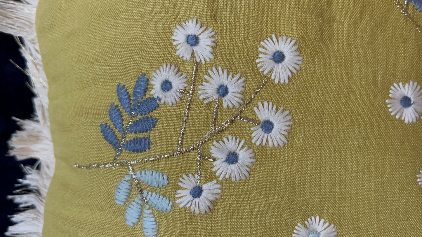 Handcrafted Cotton Decorative Throw Pillow with Blue & White Floral Embroidery and Fringe Trim