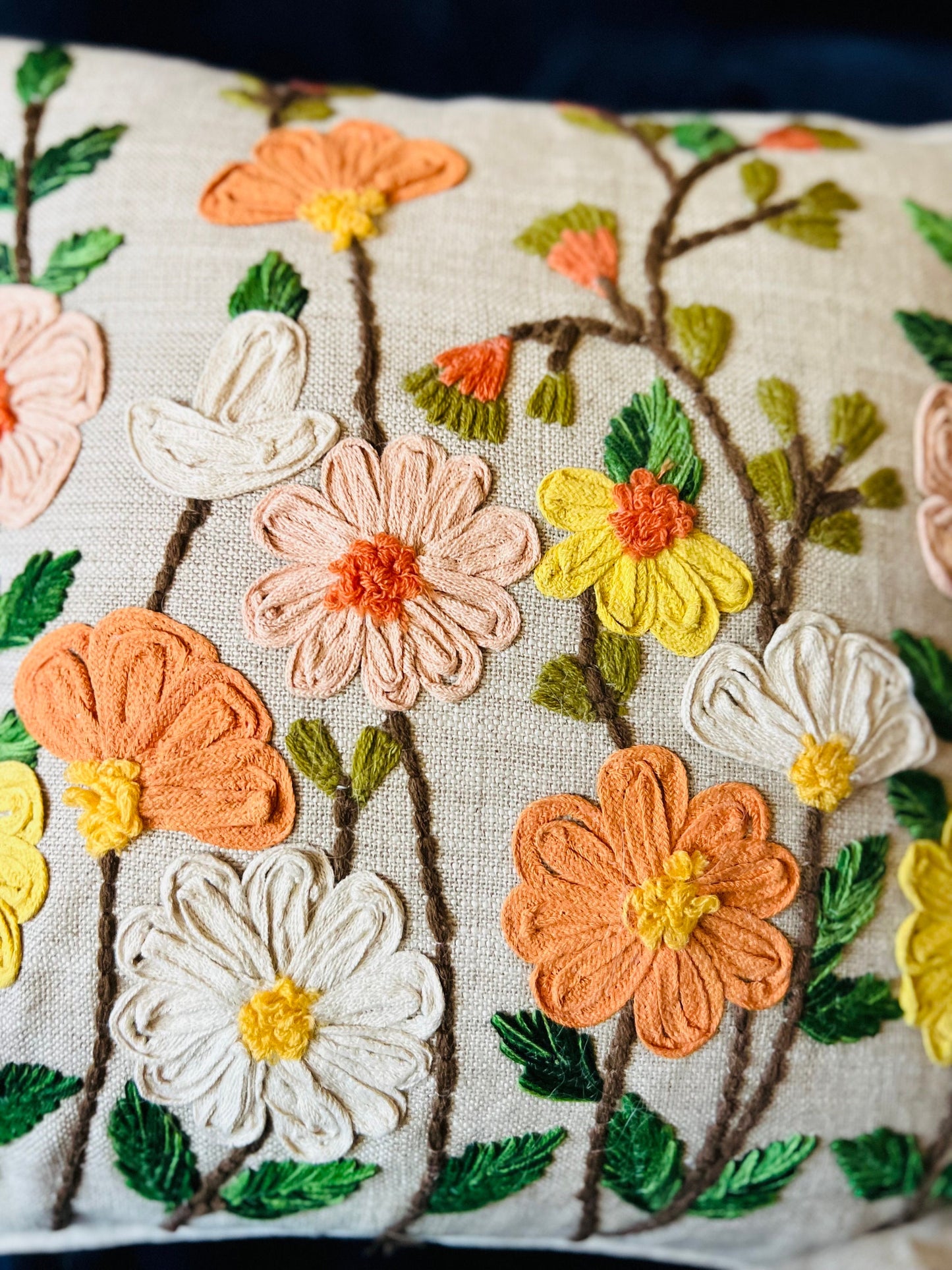 Hand-Embroidered Vibrant 3D Floral Design Boho Cushion Cover