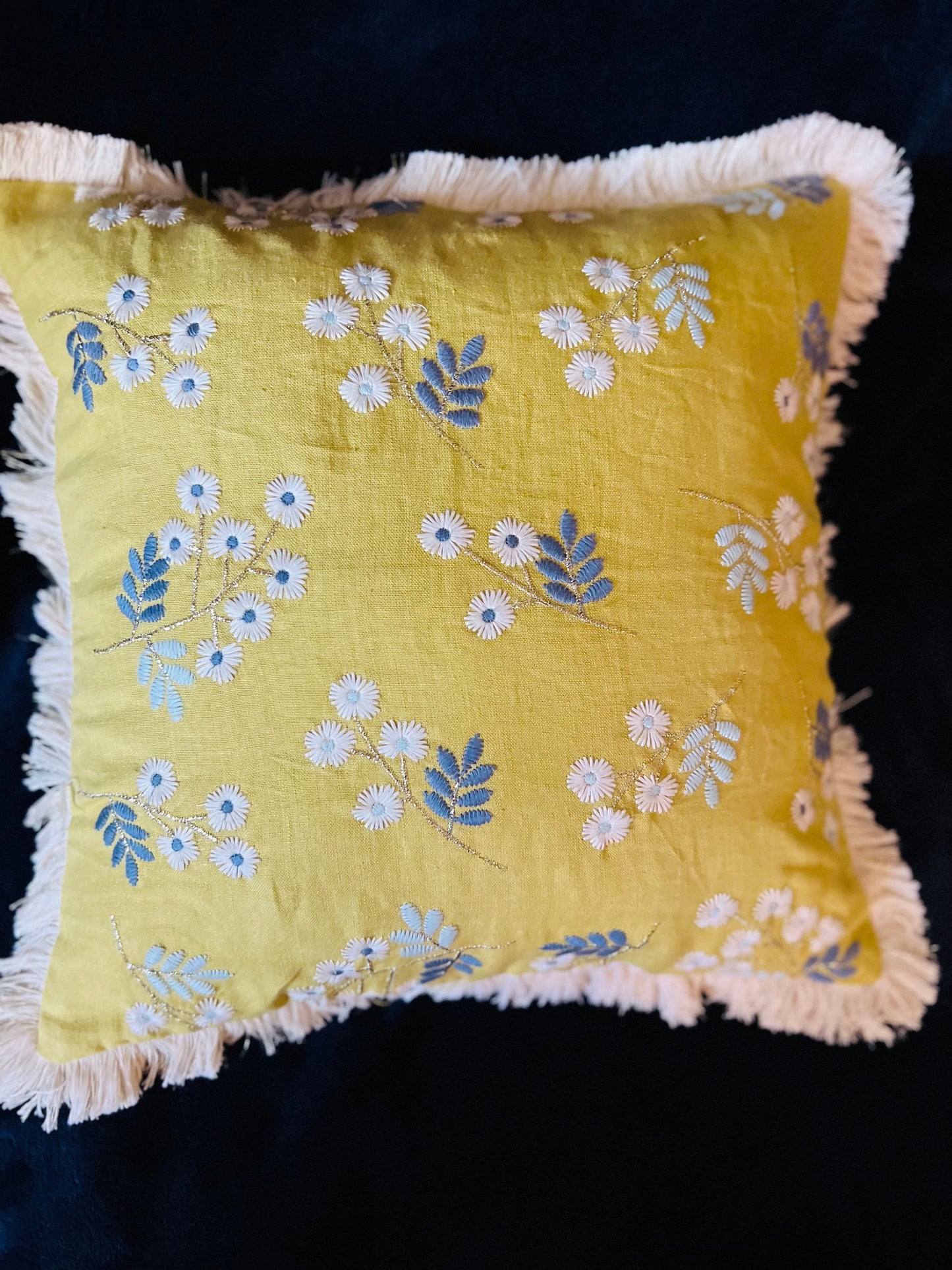 Handcrafted Cotton Decorative Throw Pillow with Blue & White Floral Embroidery and Fringe Trim
