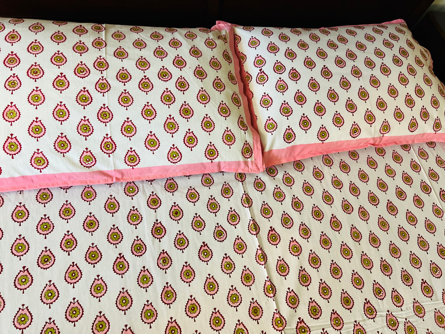 3 Piece Handmade Block Print Flat Bedsheet with 2 Pillows, 100% Cotton Washable 90x108 Inches, Floral Design Queen Set, Perfect Gift