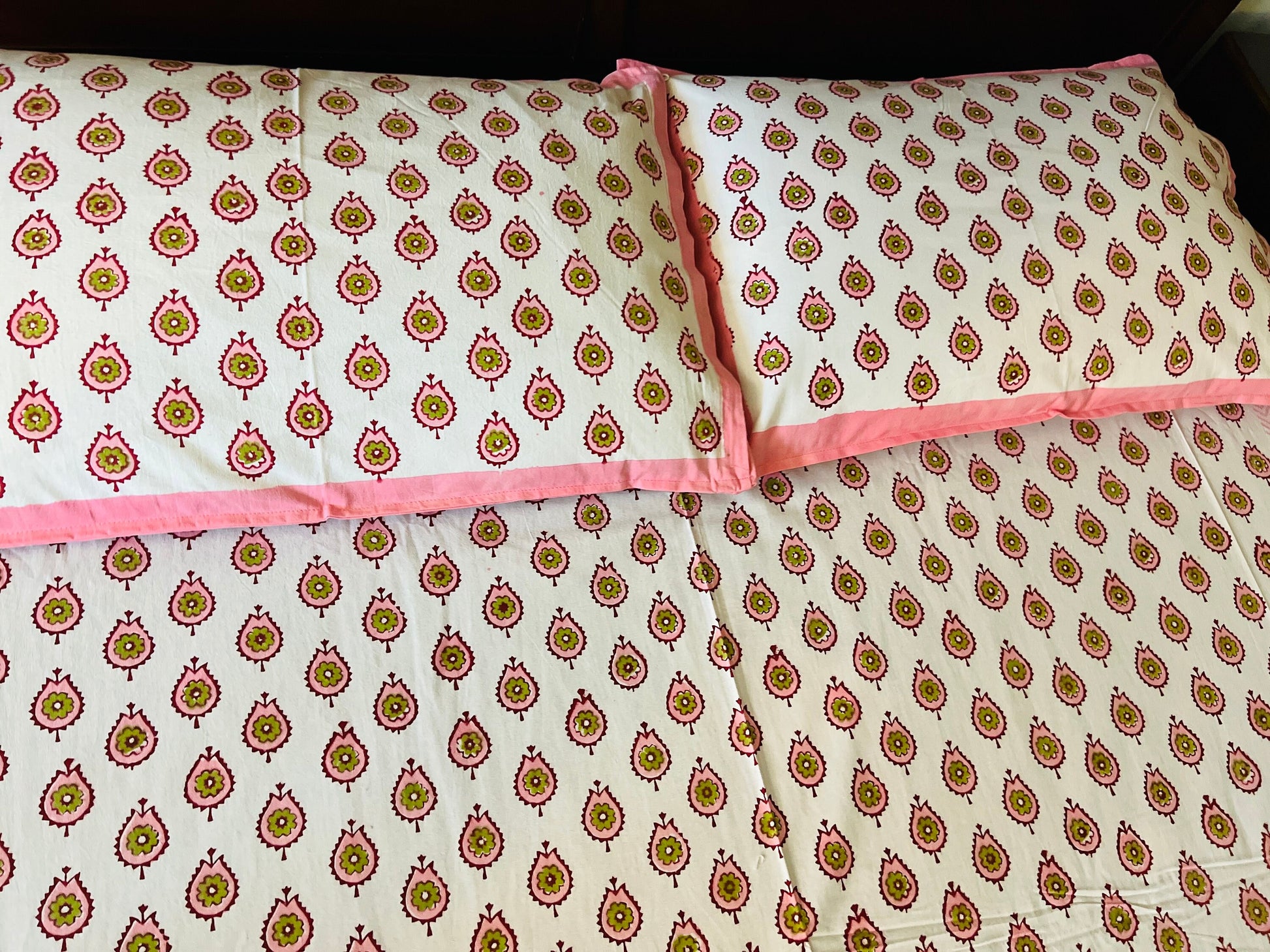 3 Piece Handmade Block Print Flat Bedsheet with 2 Pillows, 100% Cotton Washable 90x108 Inches, Floral Design Queen Set, Perfect Gift