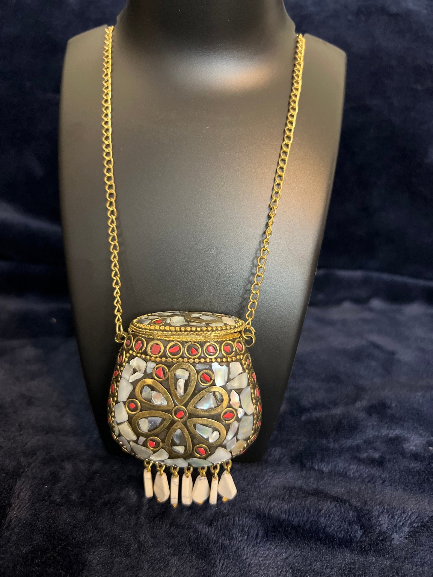 Tibetan/Nepalese Brass Gold Tone Inlay Chip White Stones Pendant