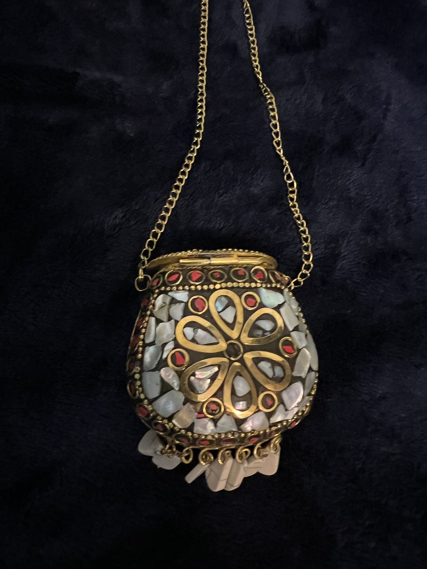 Tibetan/Nepalese Brass Gold Tone Inlay Chip White Stones Pendant