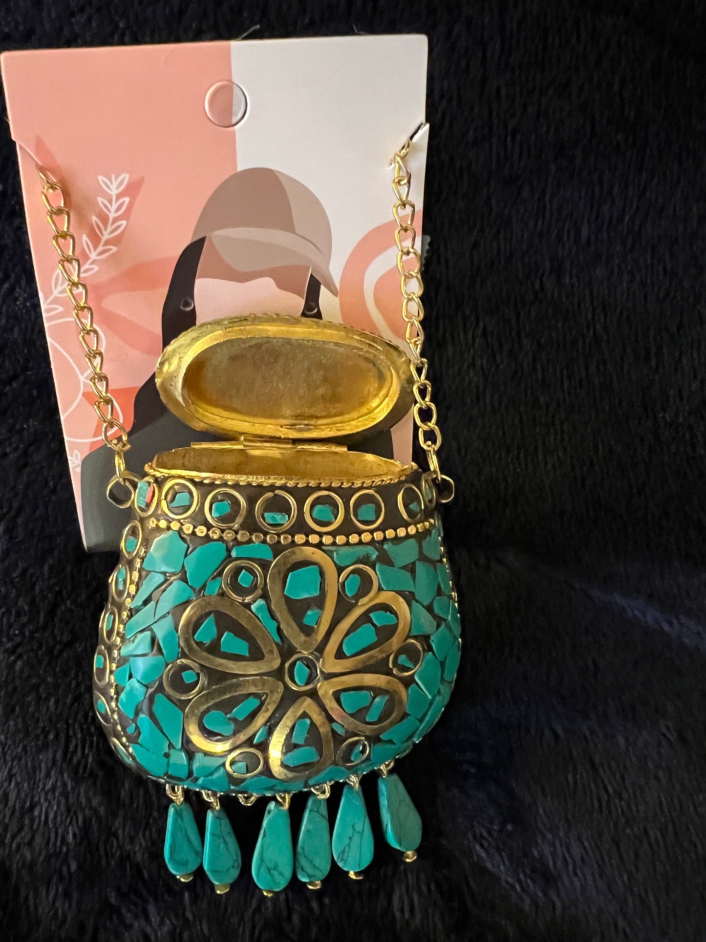 Tibetan/Nepalese Brass Gold Tone Inlay Turquoise Chip Pendant