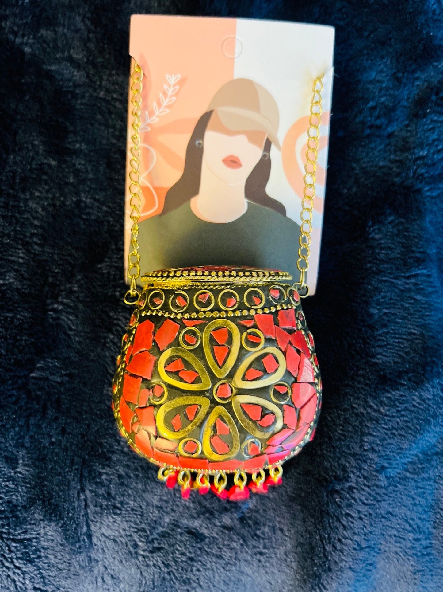 Tibetan/Nepalese Brass Gold Tone Inlay Coral Chip Pendant