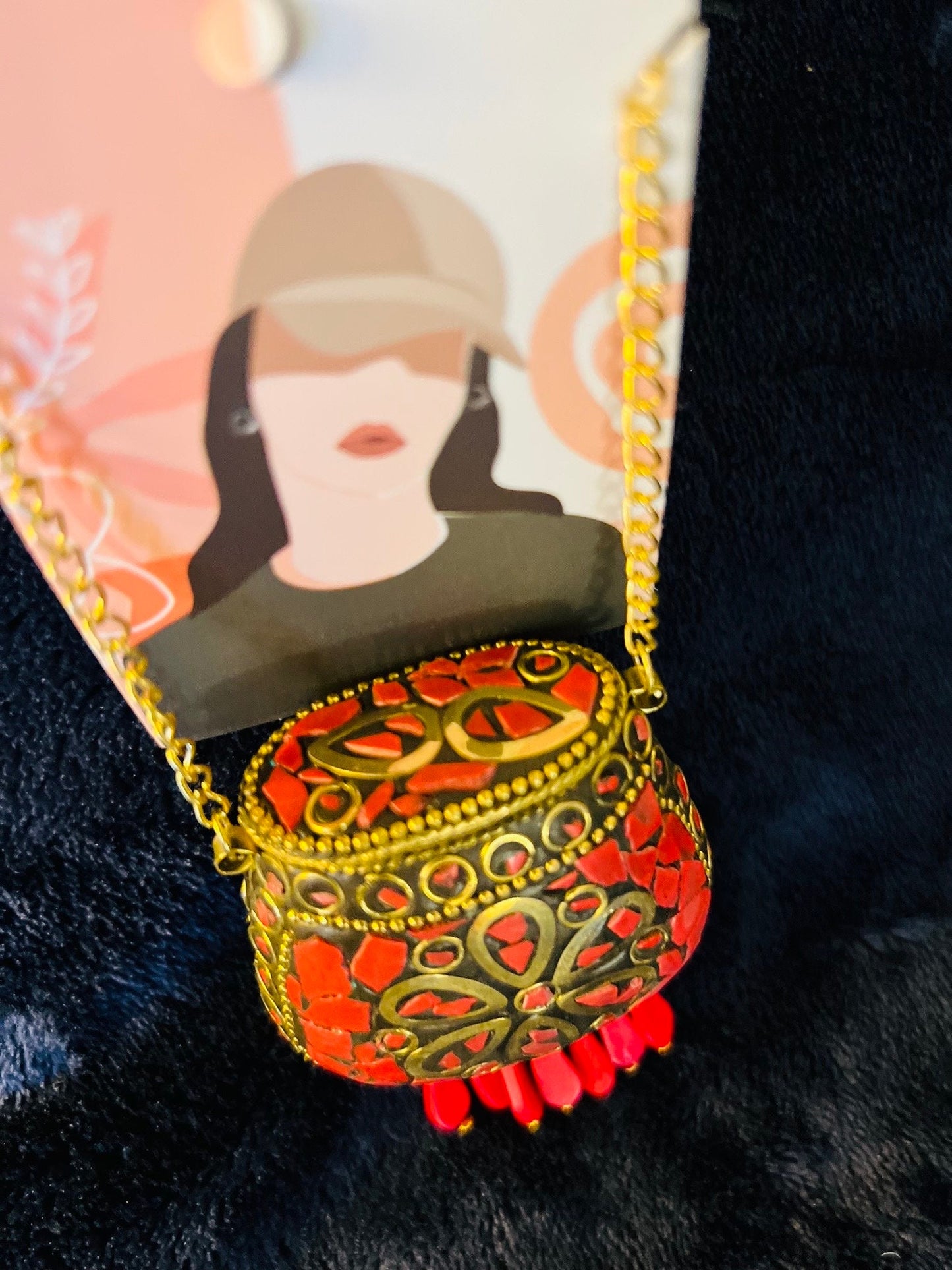 Tibetan/Nepalese Brass Gold Tone Inlay Coral Chip Pendant