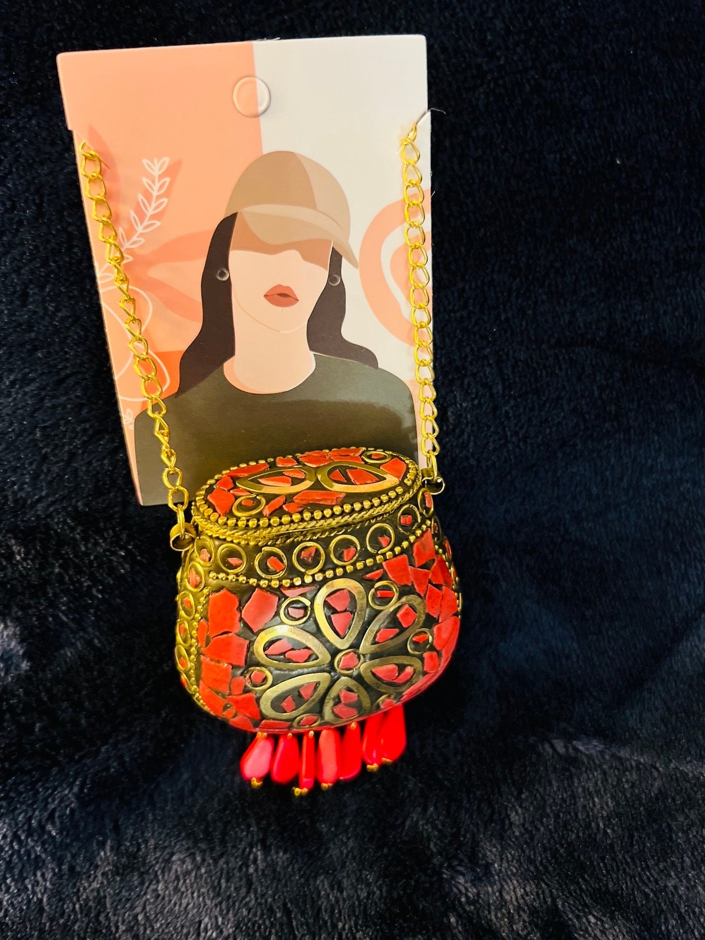 Tibetan/Nepalese Brass Gold Tone Inlay Coral Chip Pendant