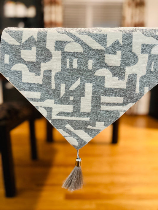 Double-Layered Grey Geometric Pattern Cotton Table Runner with Tassels