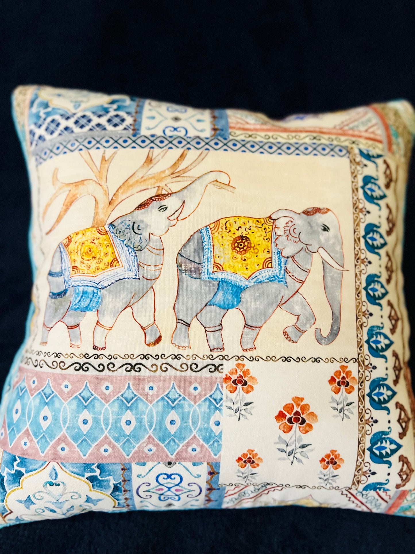 Elephant Design Block Print Cotton Cushion Cover