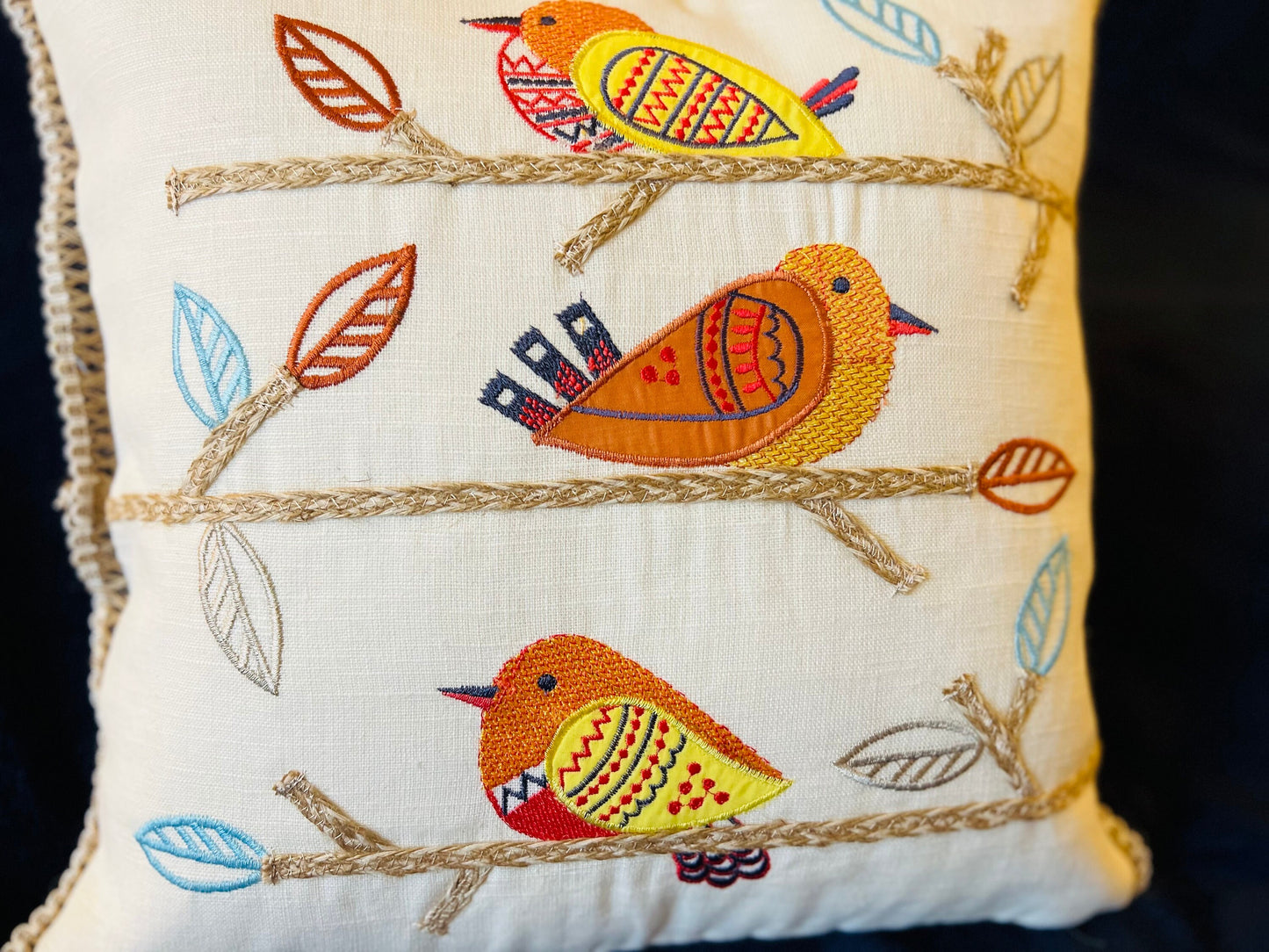 Embroidered Bird Patchwork Cotton Cushion Cover