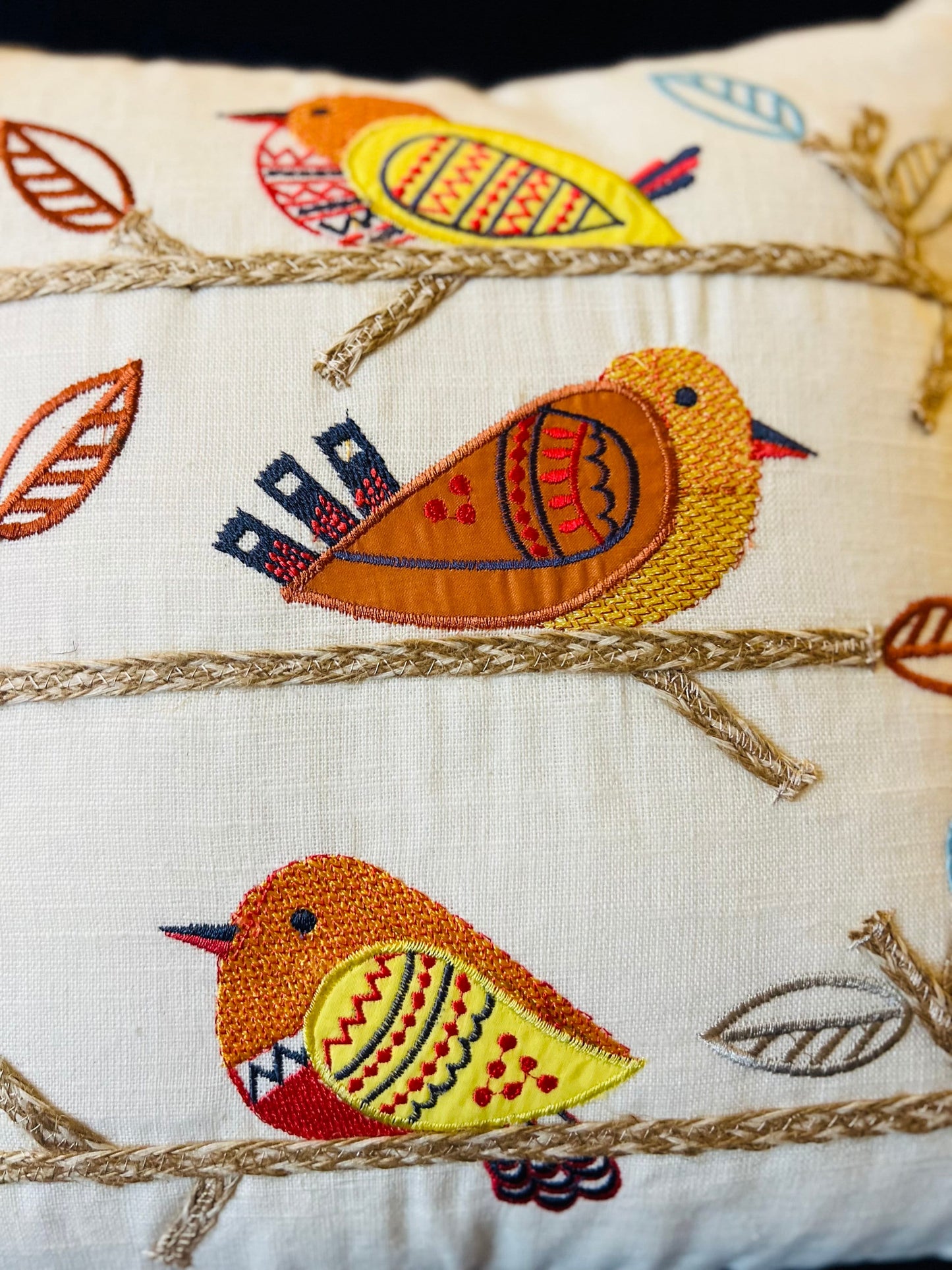Embroidered Bird Patchwork Cotton Cushion Cover