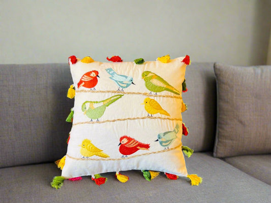 Decorative Embroidered Multicolor Bird Cotton Cushion Cover