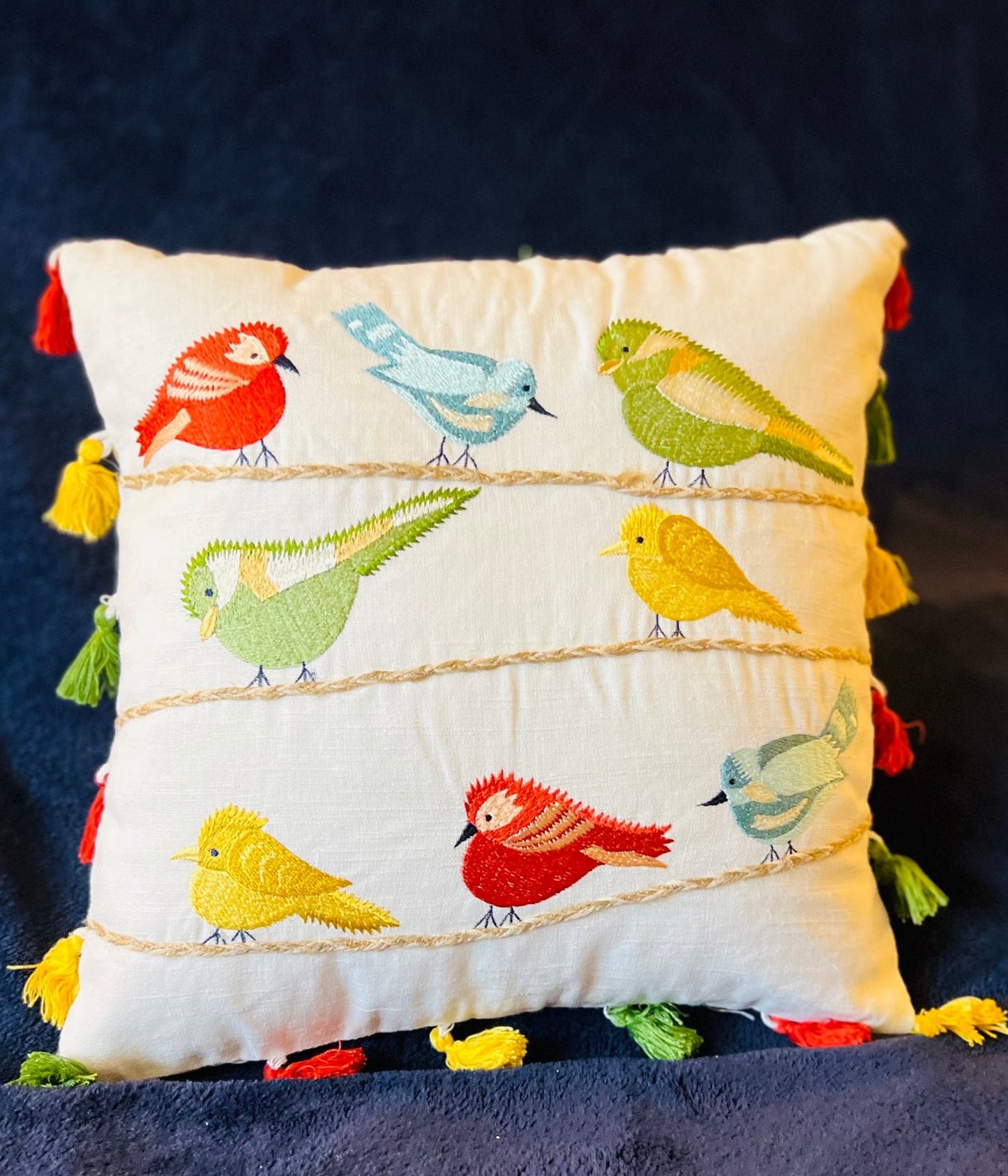 Decorative Embroidered Multicolor Bird Cotton Cushion Cover