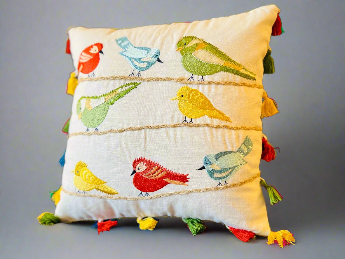 Decorative Embroidered Multicolor Bird Cotton Cushion Cover