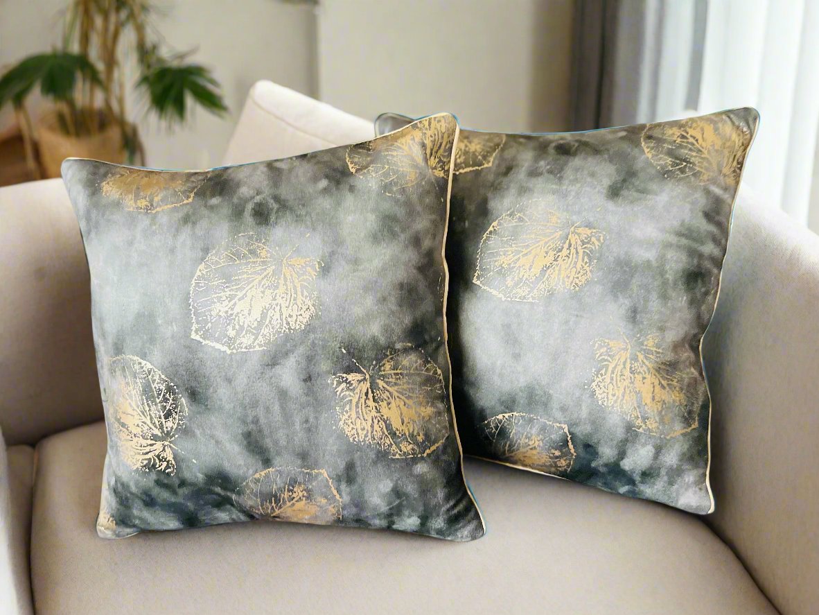 Elegant Grey Velvet Cushion Cover with Gold Leaf Design