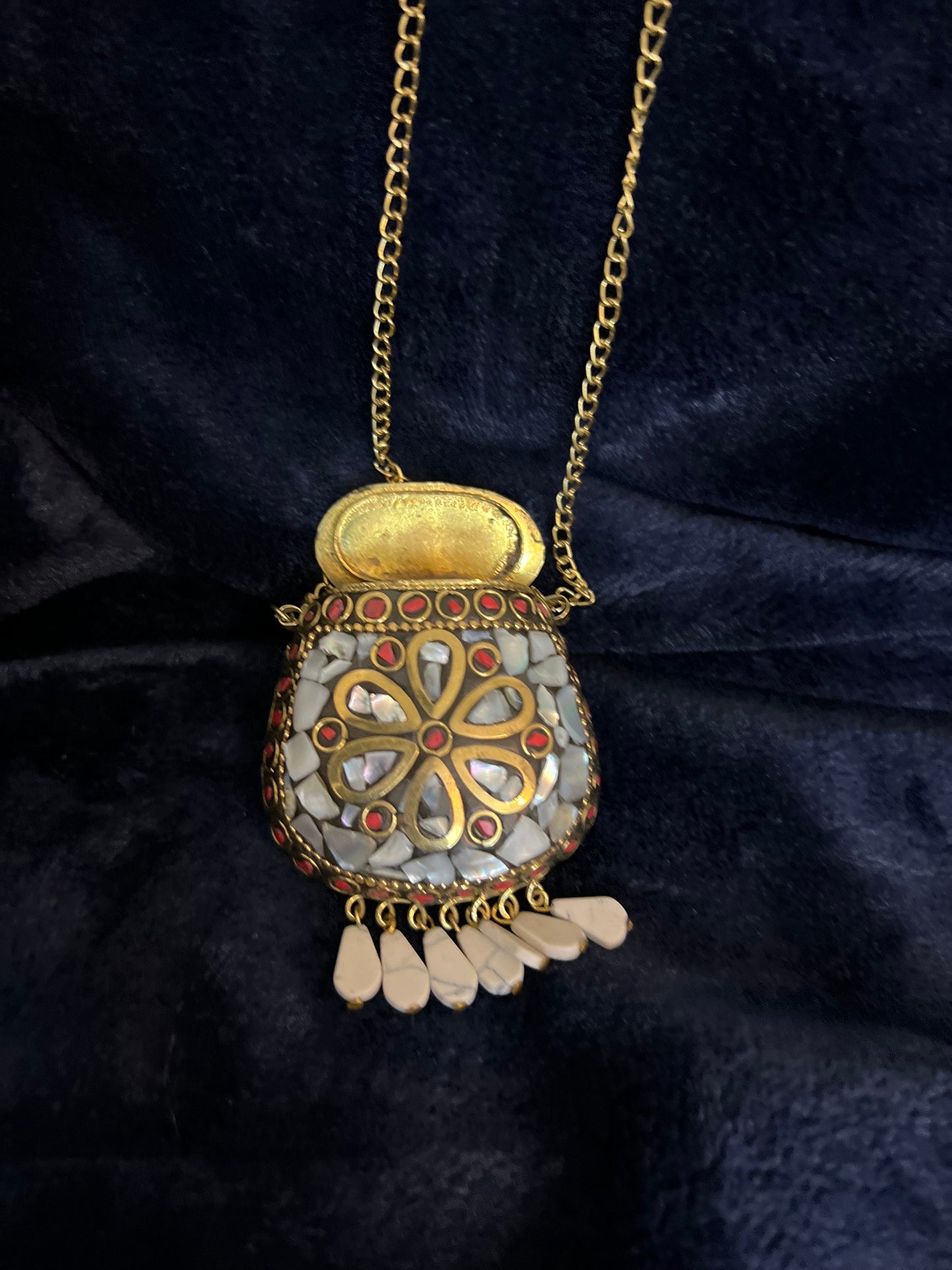 Tibetan/Nepalese Brass Gold Tone Inlay Chip White Stones Pendant