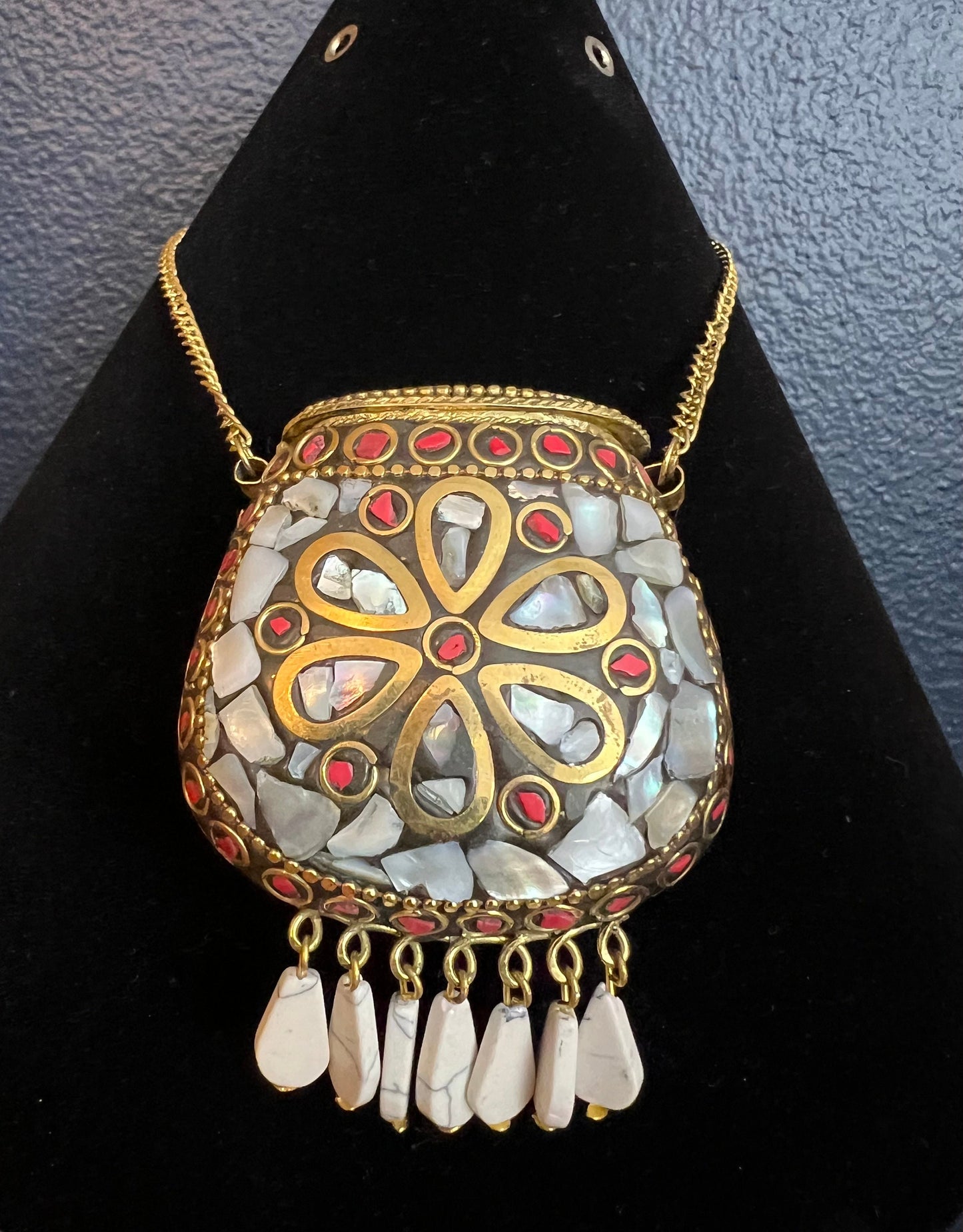 Tibetan/Nepalese Brass Gold Tone Inlay Chip White Stones Pendant