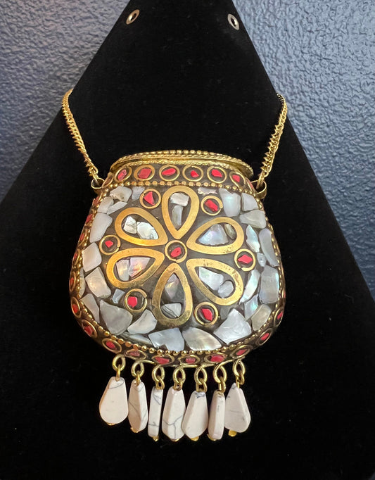 Tibetan/Nepalese Brass Gold Tone Inlay Chip White Stones Pendant