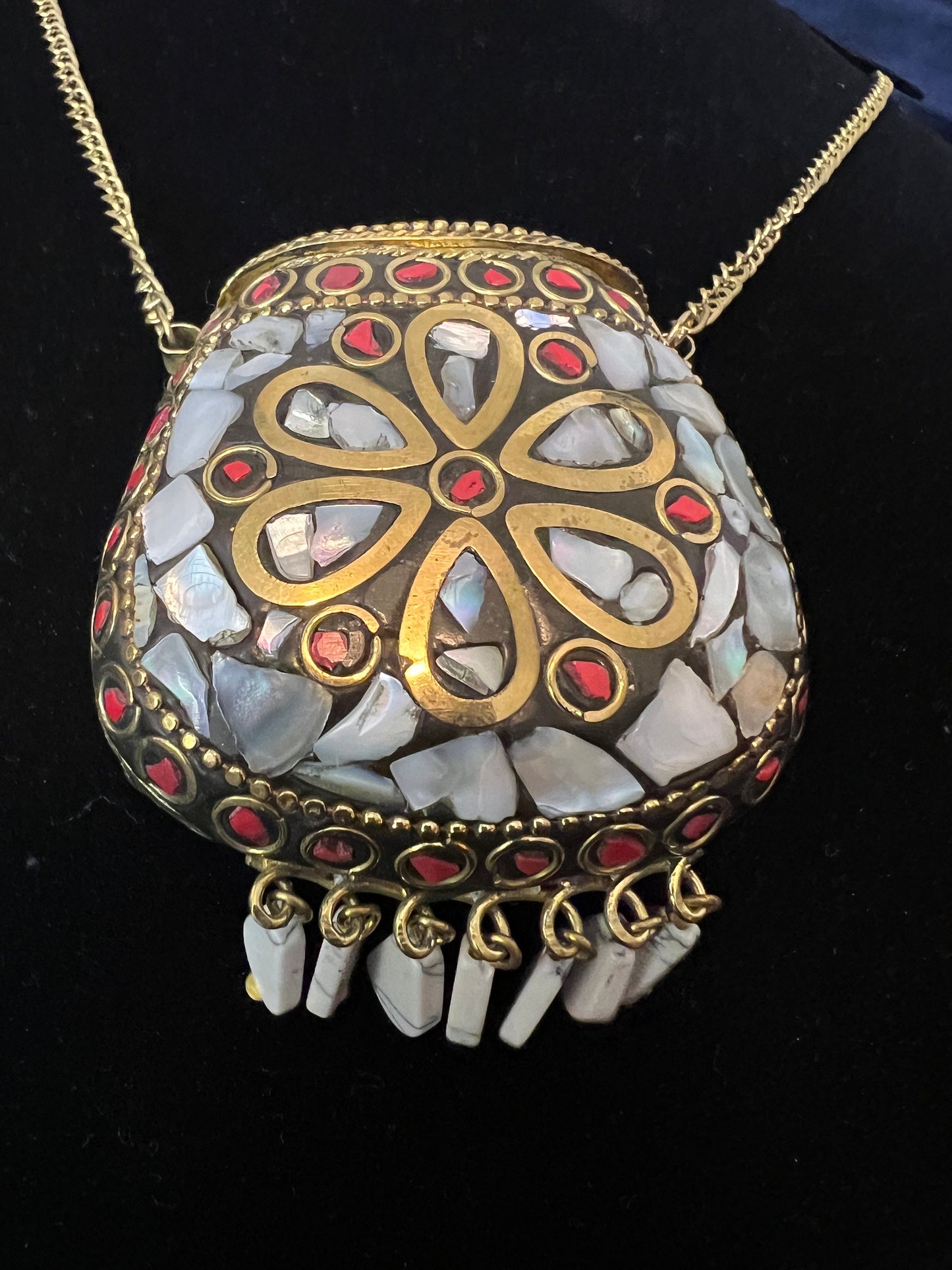 Tibetan/Nepalese Brass Gold Tone Inlay Chip White Stones Pendant