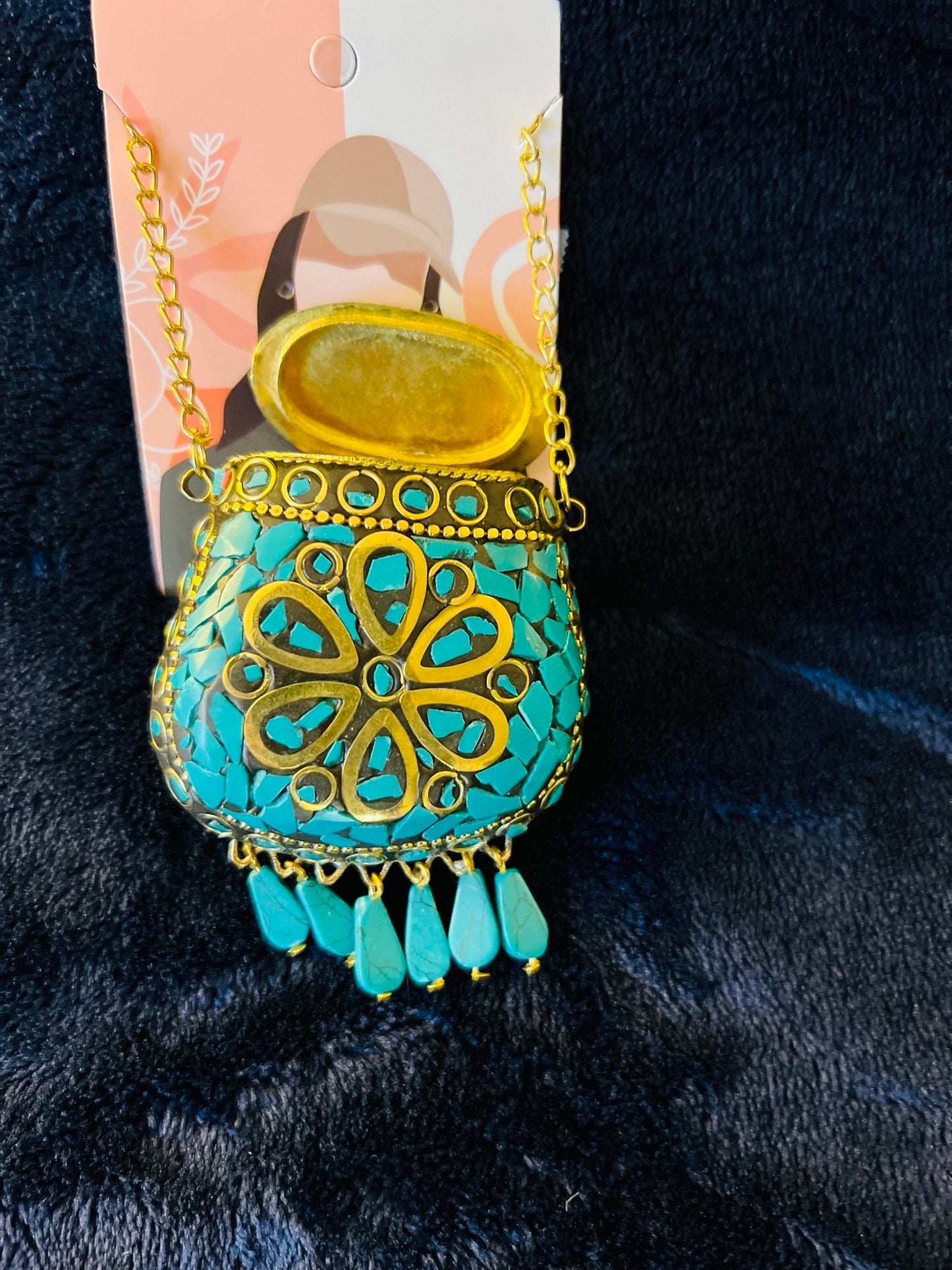 Tibetan/Nepalese Brass Gold Tone Inlay Turquoise Chip Pendant