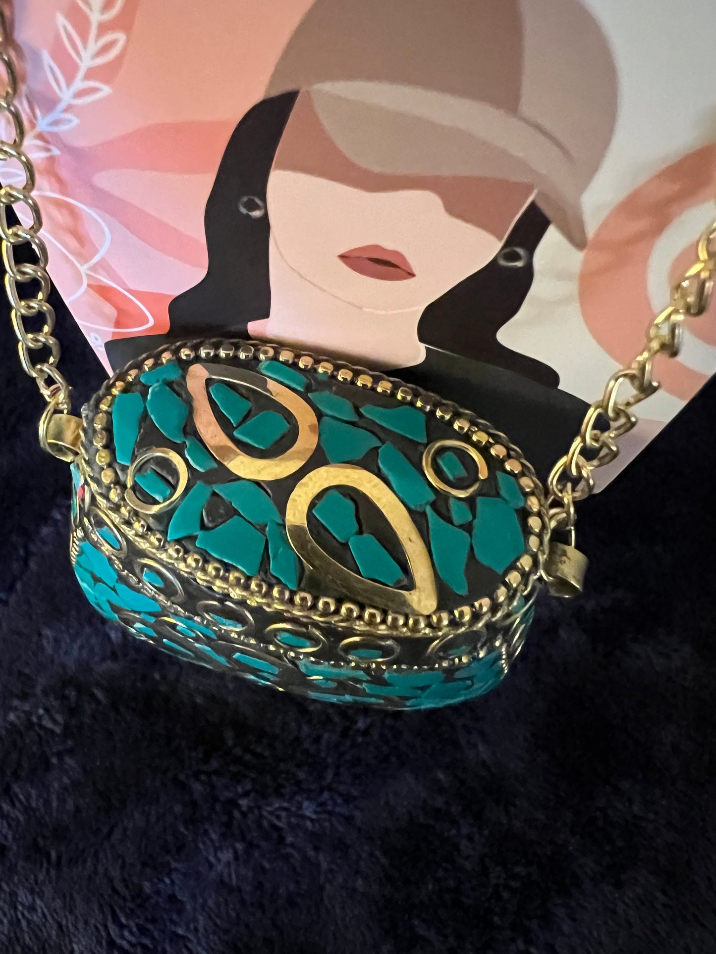 Tibetan/Nepalese Brass Gold Tone Inlay Turquoise Chip Pendant