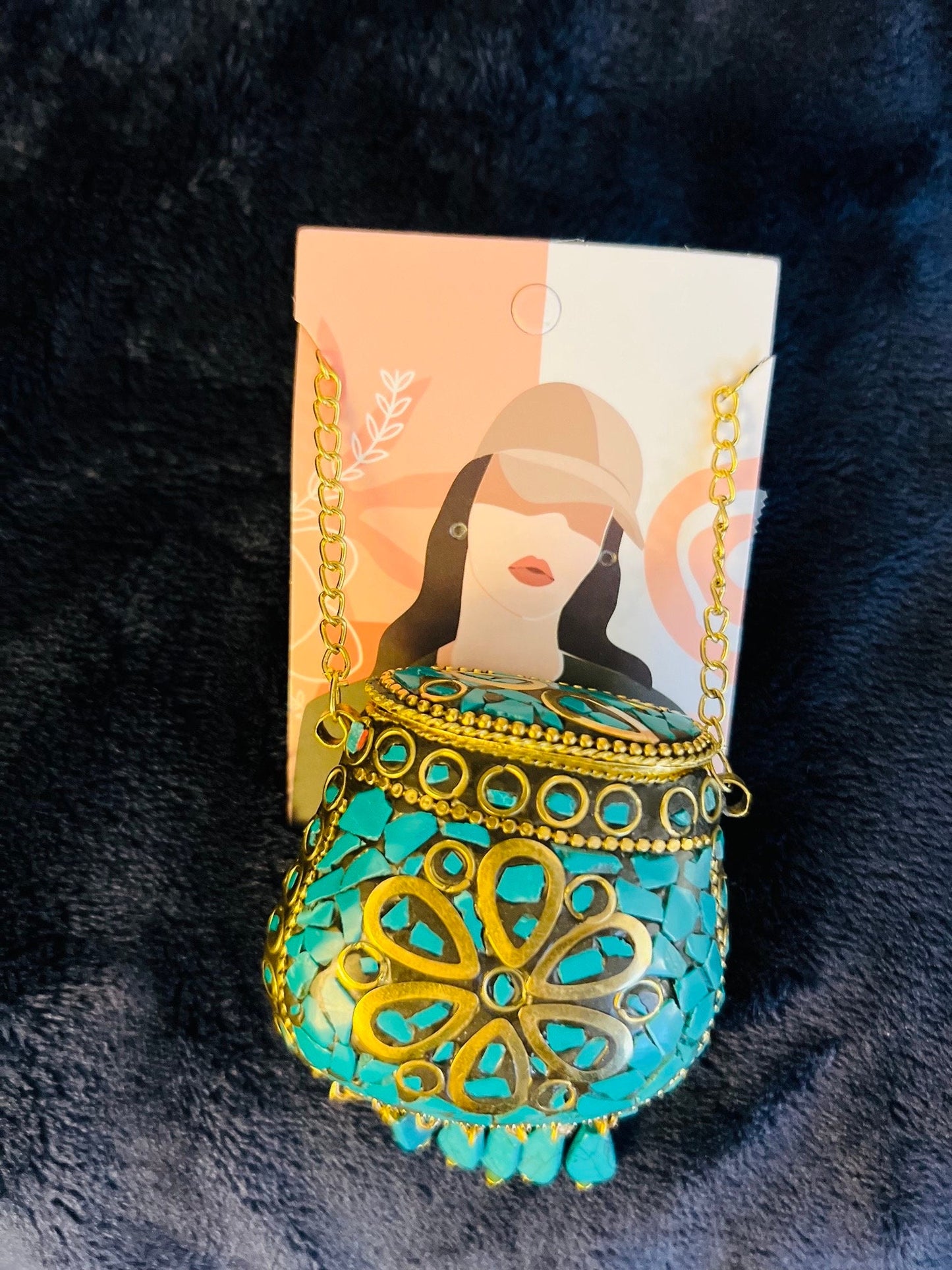 Tibetan/Nepalese Brass Gold Tone Inlay Turquoise Chip Pendant