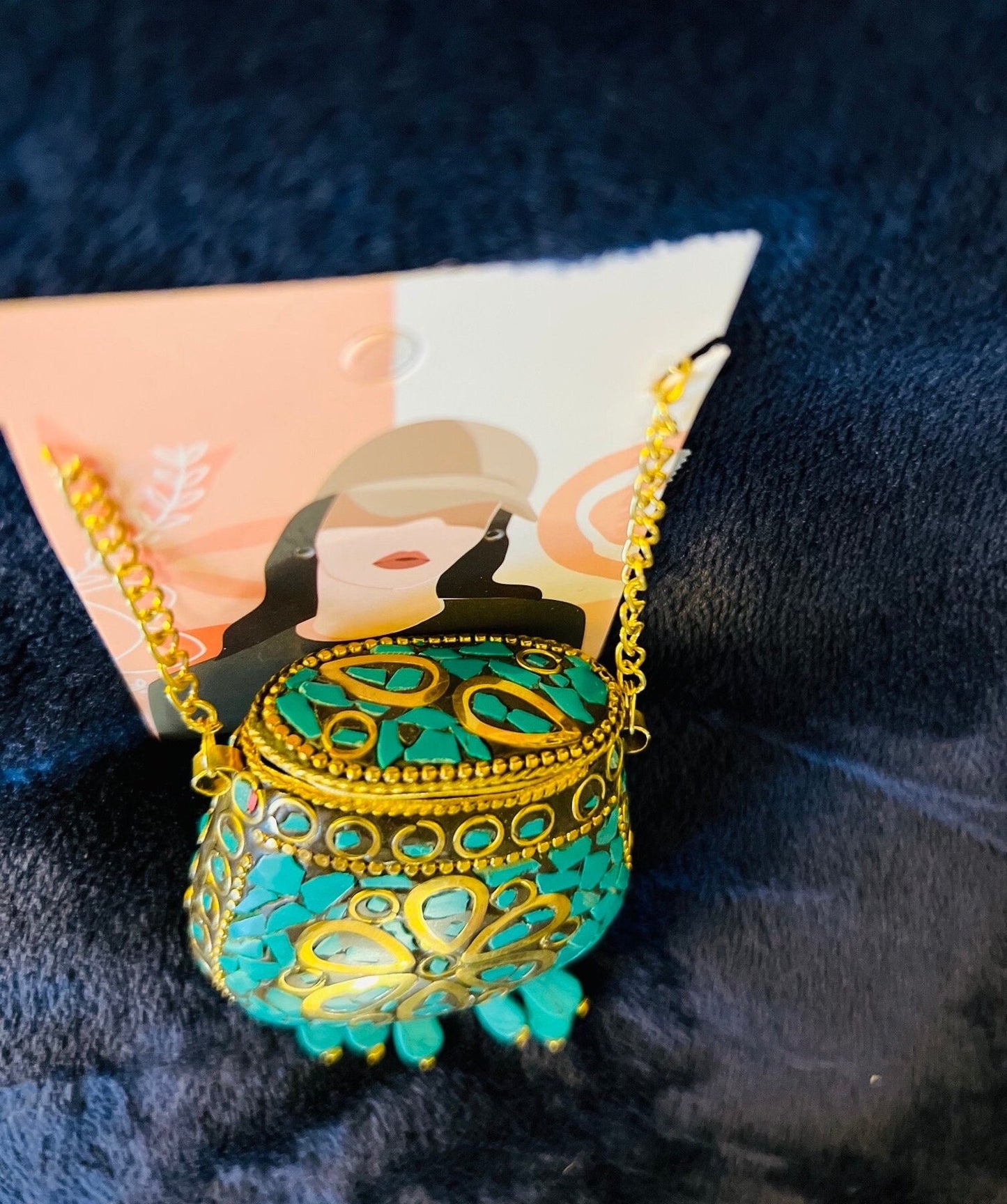 Tibetan/Nepalese Brass Gold Tone Inlay Turquoise Chip Pendant