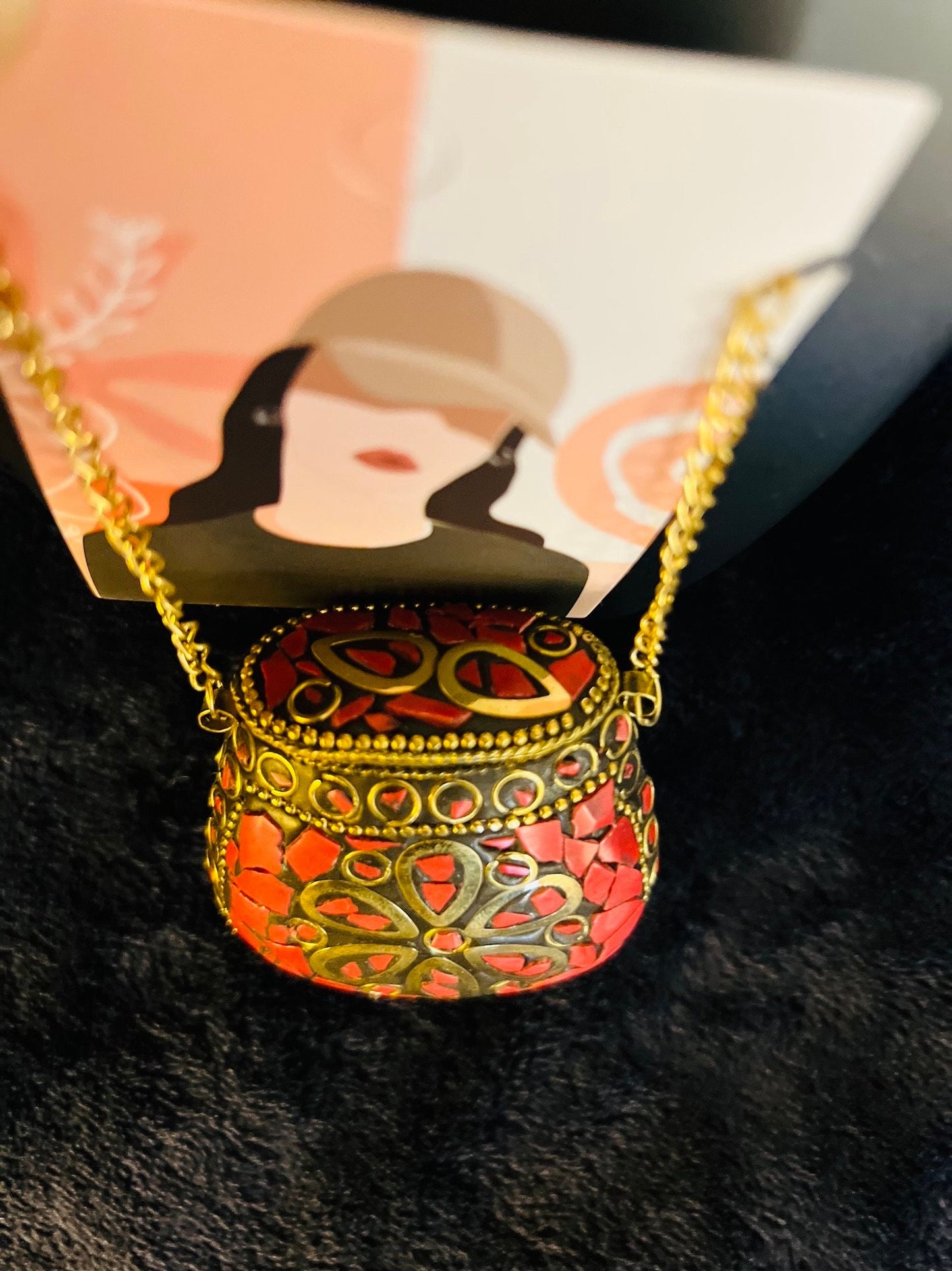 Tibetan/Nepalese Brass Gold Tone Inlay Coral Chip Pendant