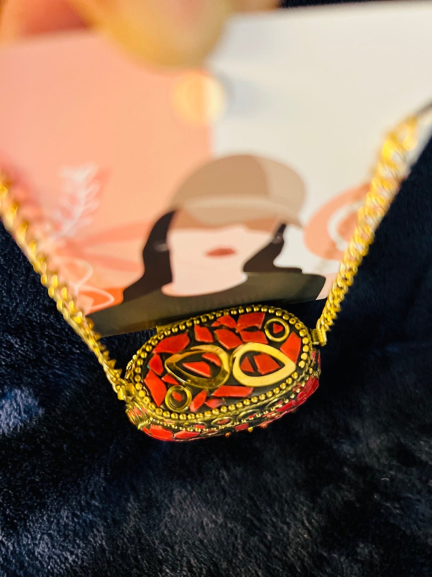 Tibetan/Nepalese Brass Gold Tone Inlay Coral Chip Pendant