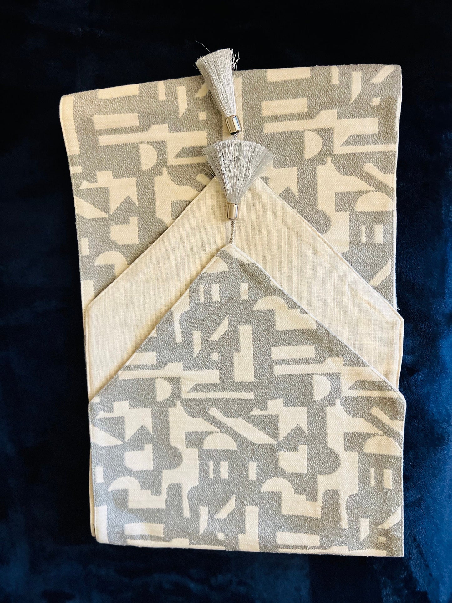 Double-Layered Grey Geometric Pattern Cotton Table Runner with Tassels