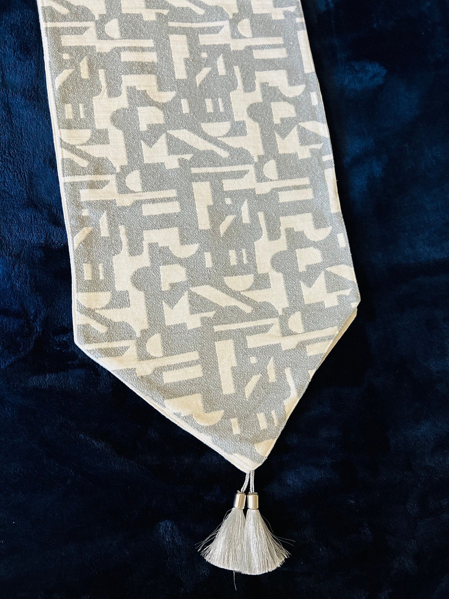 Double-Layered Grey Geometric Pattern Cotton Table Runner with Tassels