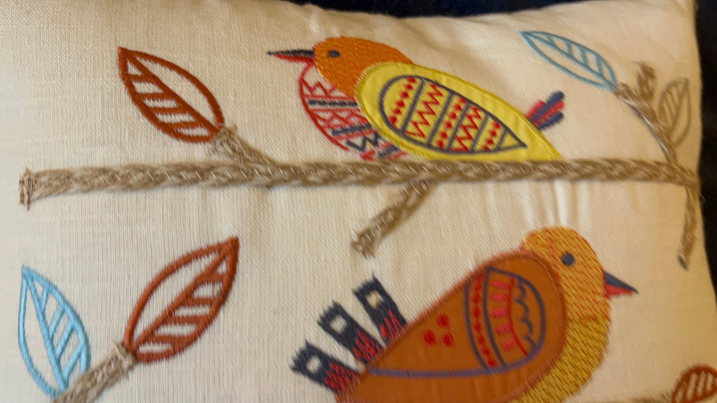 Embroidered Bird Patchwork Cotton Cushion Cover