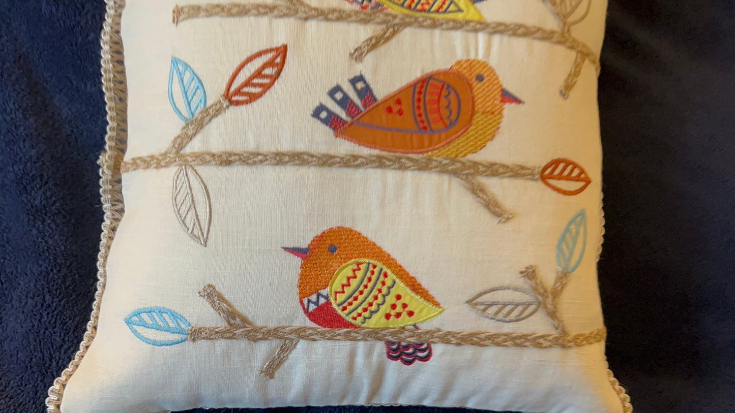 Embroidered Bird Patchwork Cotton Cushion Cover