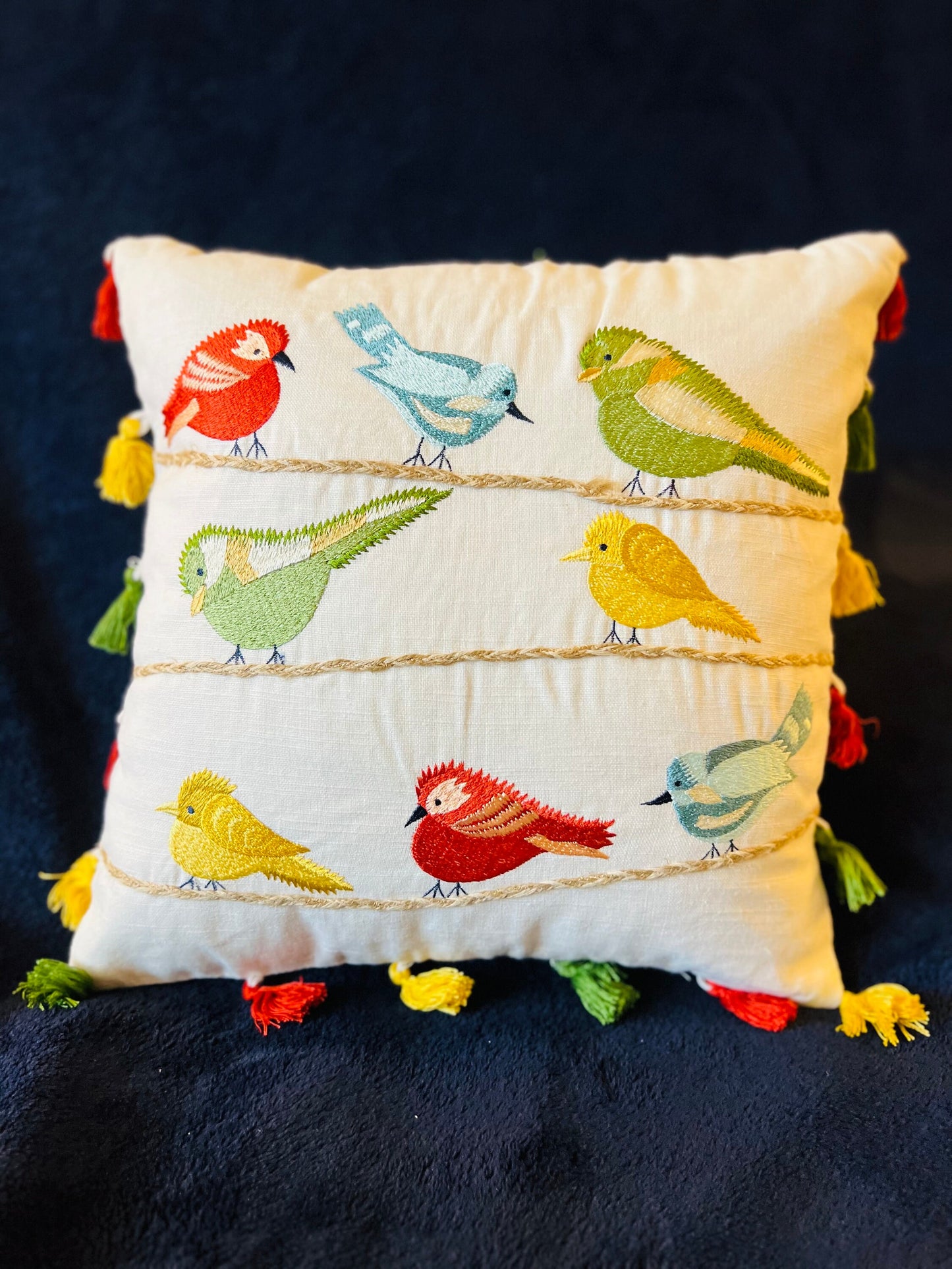 Decorative Embroidered Multicolor Bird Cotton Cushion Cover