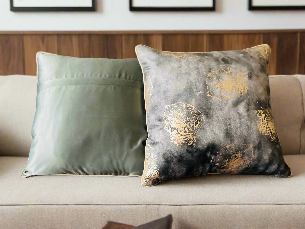 Elegant Grey Velvet Cushion Cover with Gold Leaf Design