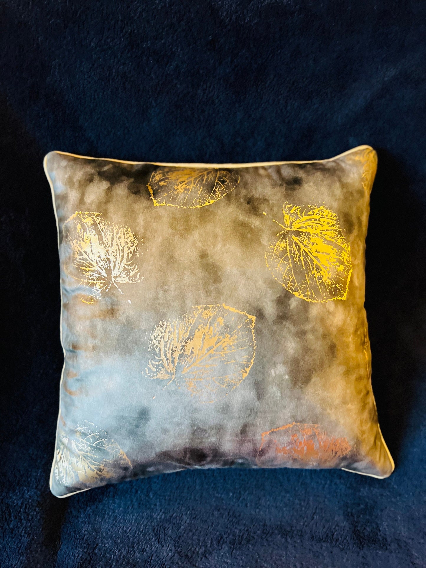 Elegant Grey Velvet Cushion Cover with Gold Leaf Design
