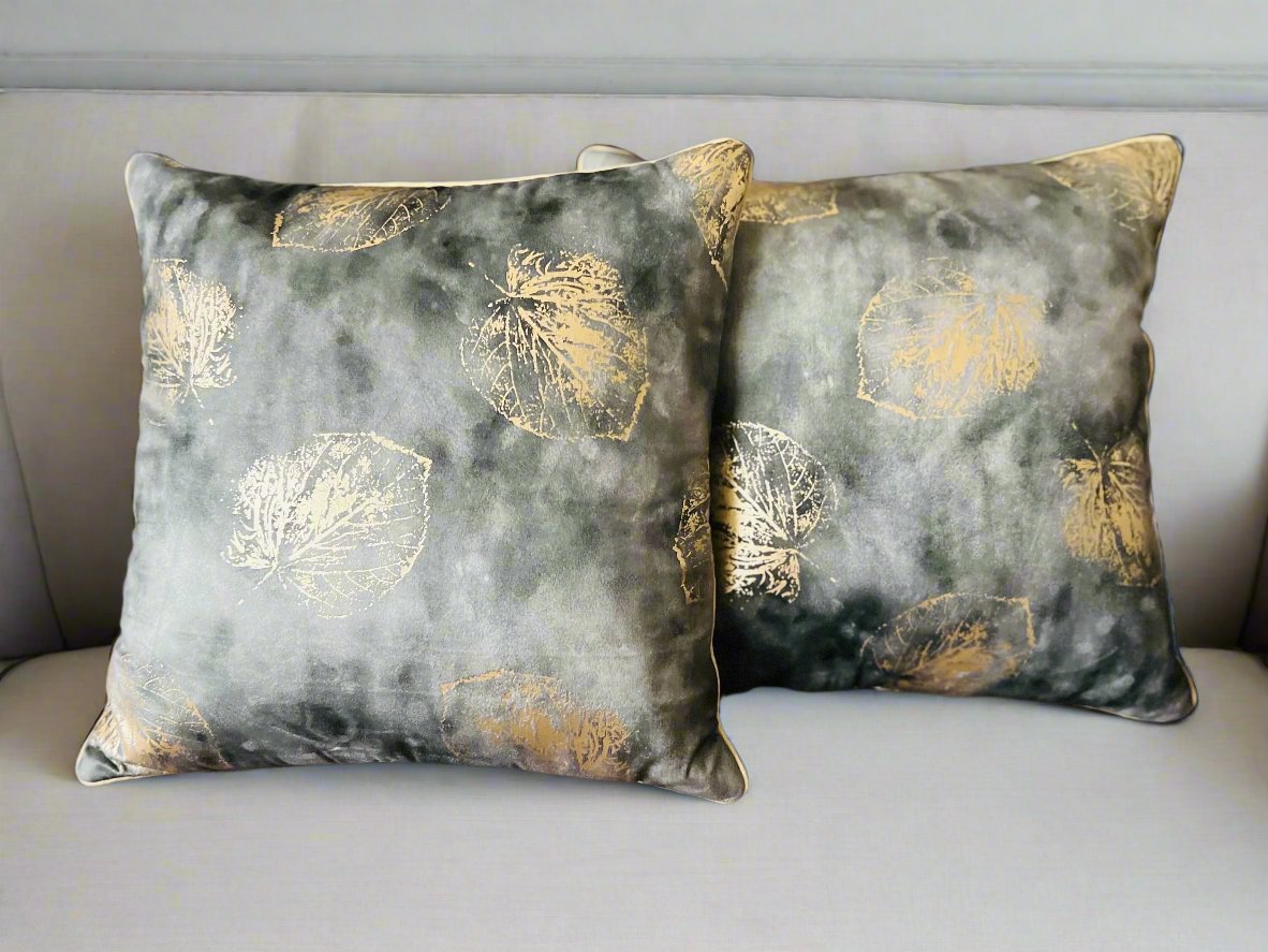 Elegant Grey Velvet Cushion Cover with Gold Leaf Design