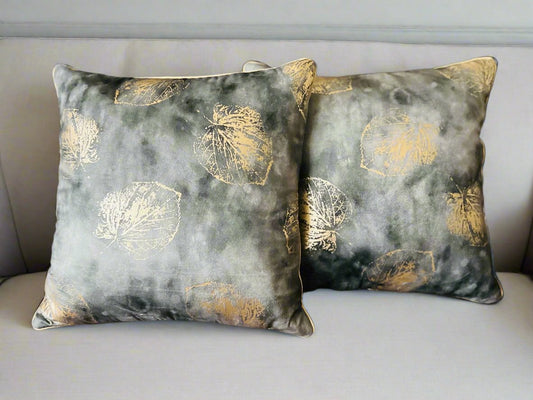 Elegant Grey Velvet Cushion Cover with Gold Leaf Design