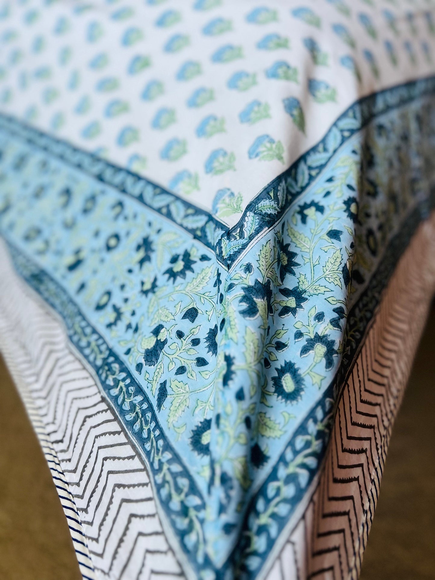 Boho Chic Cotton Comforter, Reversible Blue Floral Block Print, Lightweight Jaipur Quilt