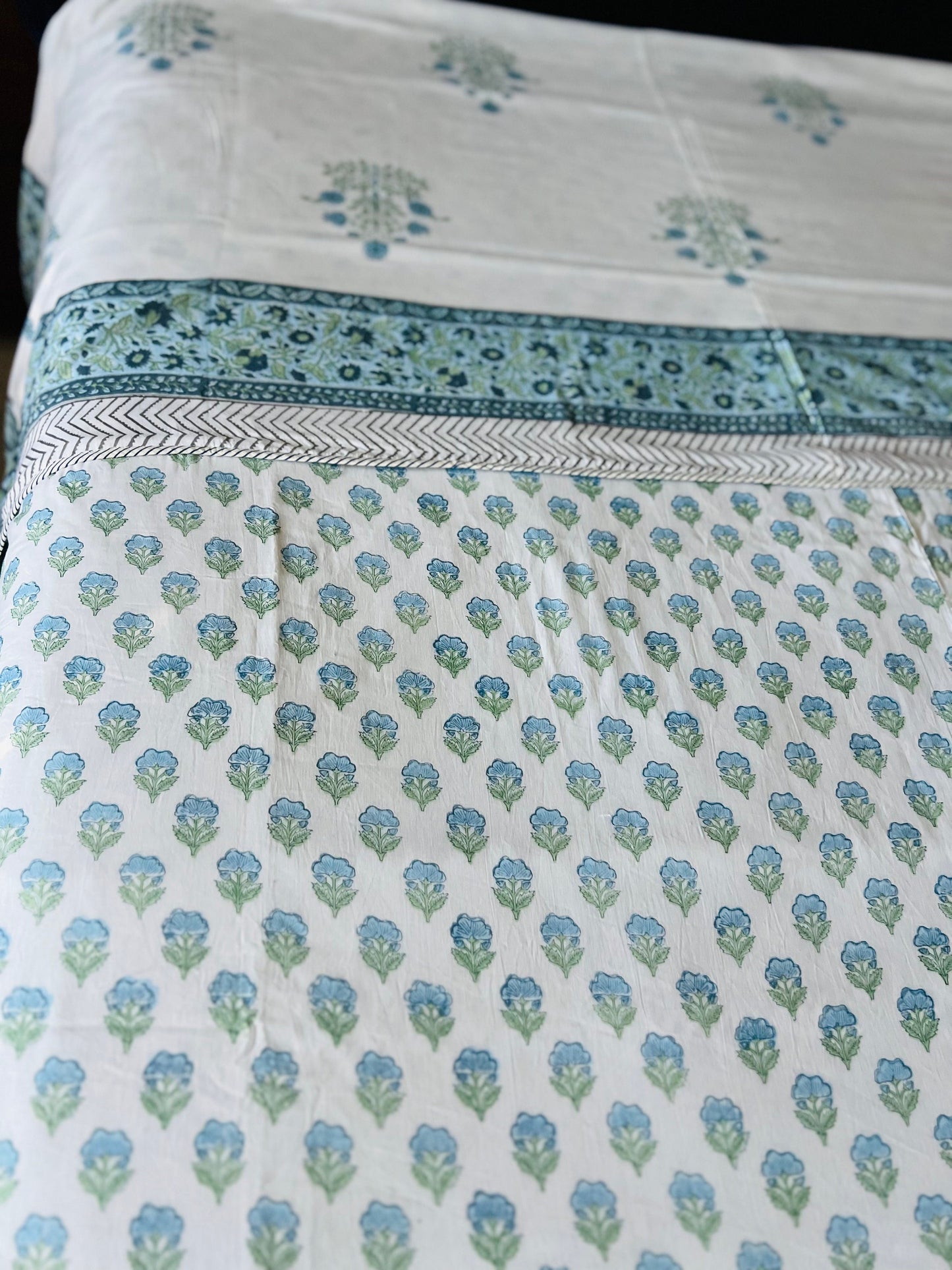 Boho Chic Cotton Comforter, Reversible Blue Floral Block Print, Lightweight Jaipur Quilt