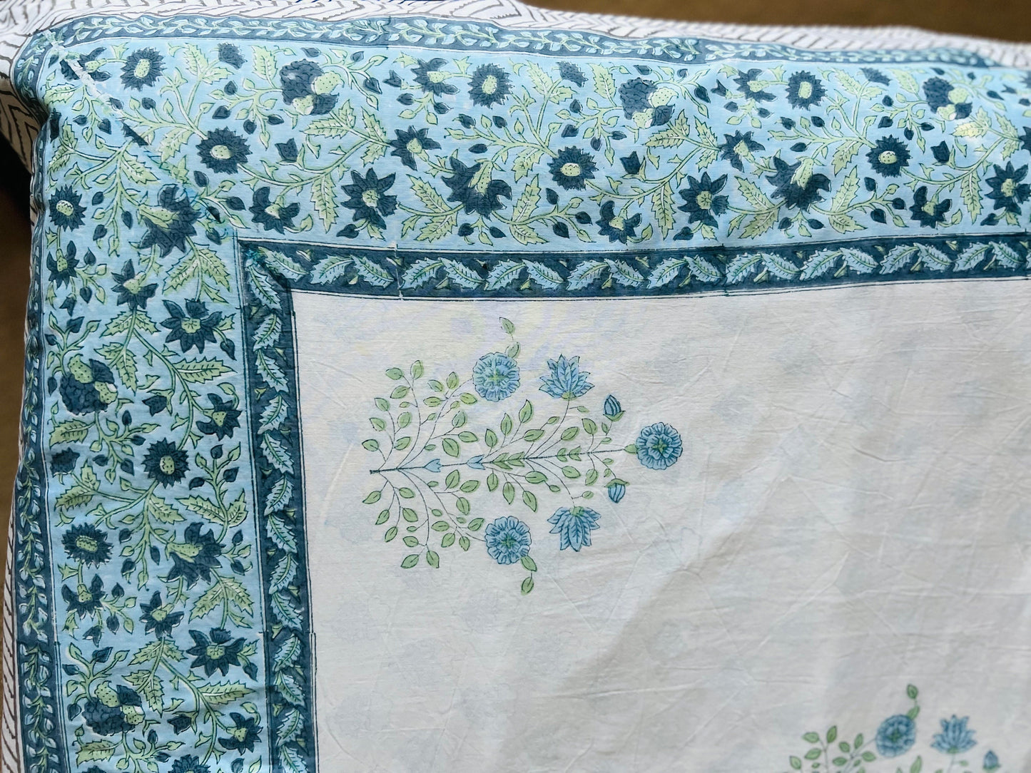 Boho Chic Cotton Comforter, Reversible Blue Floral Block Print, Lightweight Jaipur Quilt