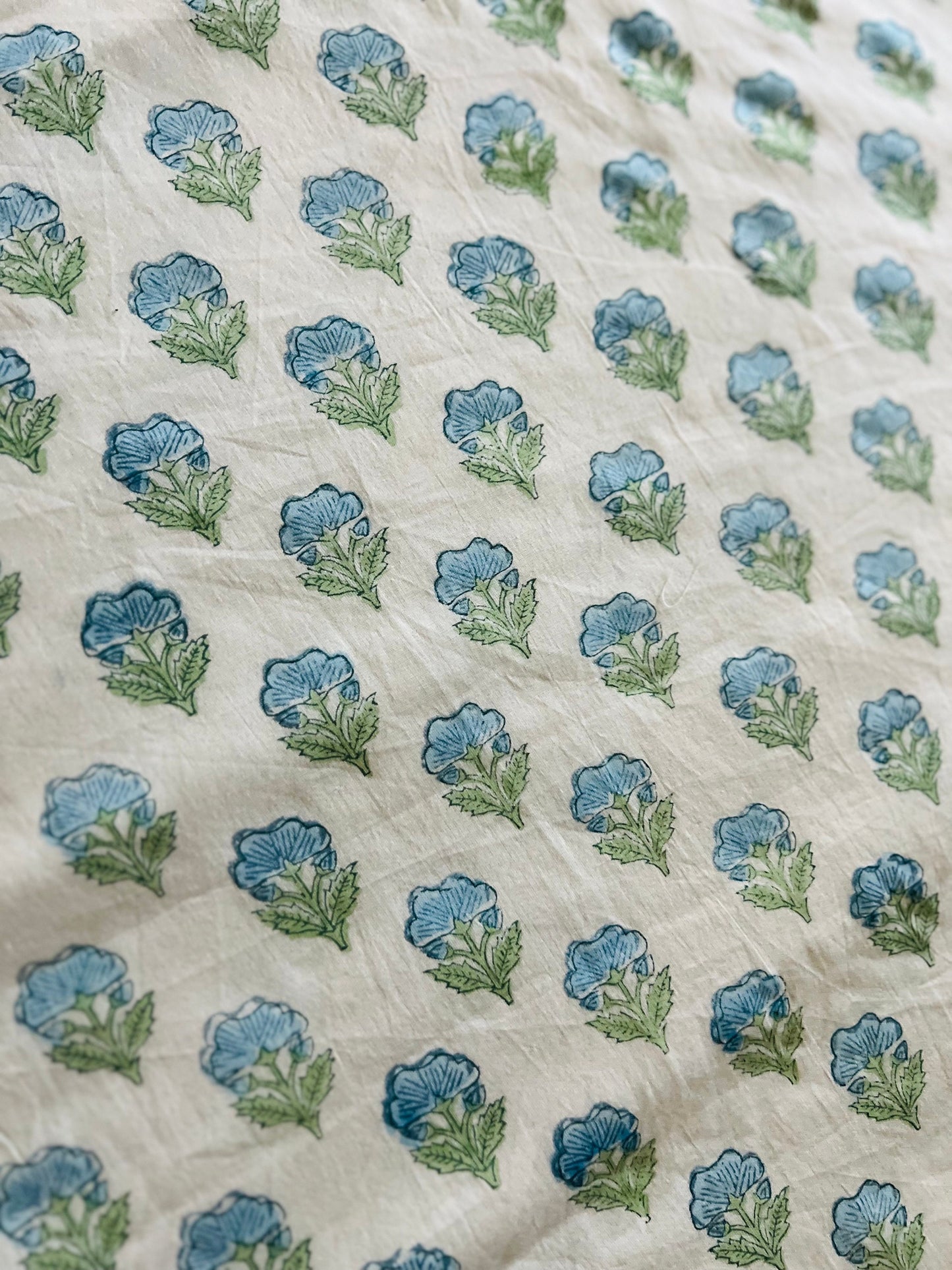 Boho Chic Cotton Comforter, Reversible Blue Floral Block Print, Lightweight Jaipur Quilt