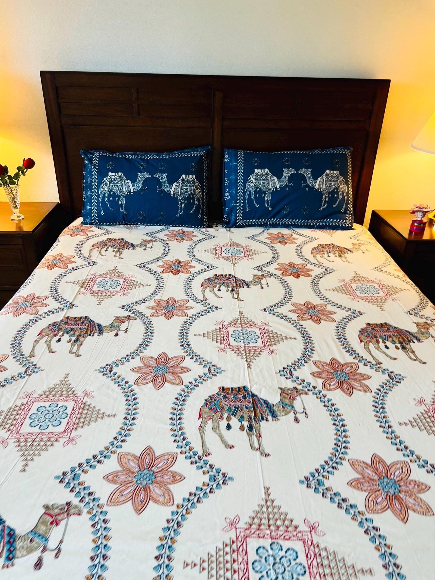 Handmade Camel Themed Cotton Flat Bedspread with Pillow Covers – Boho Style Bedding, Queen Size, Traditional Desert Print, Perfect gift